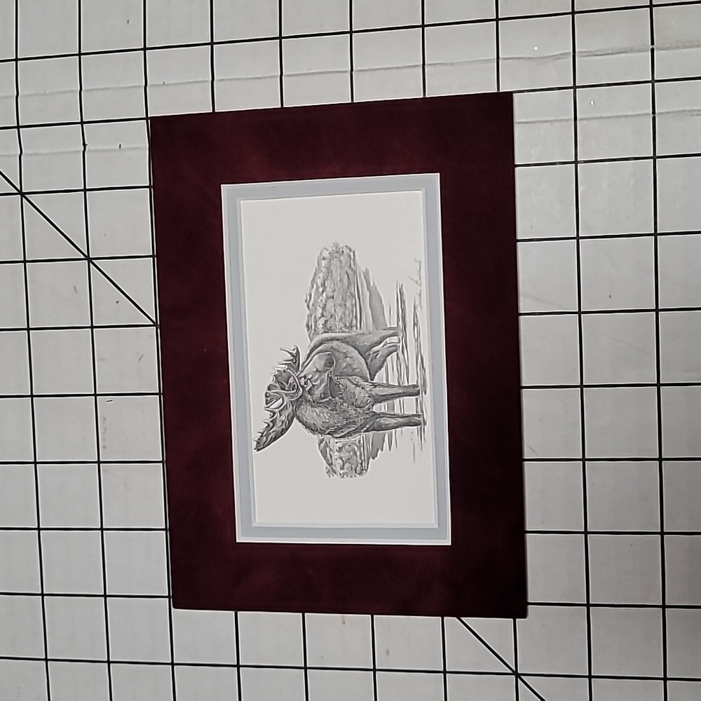 Freda Ballard "River Walk" Black and White Drawing of Moose in Alaska 5x7 Sueded